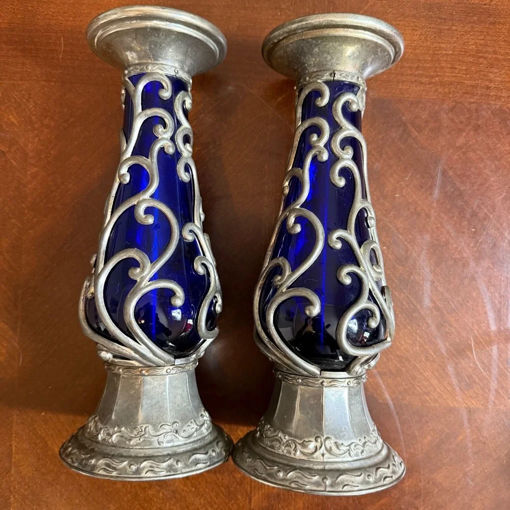 Vtg Cobalt Blue Glass Cased Vine Scroll Metal Pillar Candle Holder Set 2‎ Read